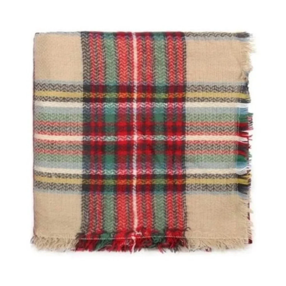 TAN Plaid Printed Oversized fall winter scarf - Picture 4 of 7
